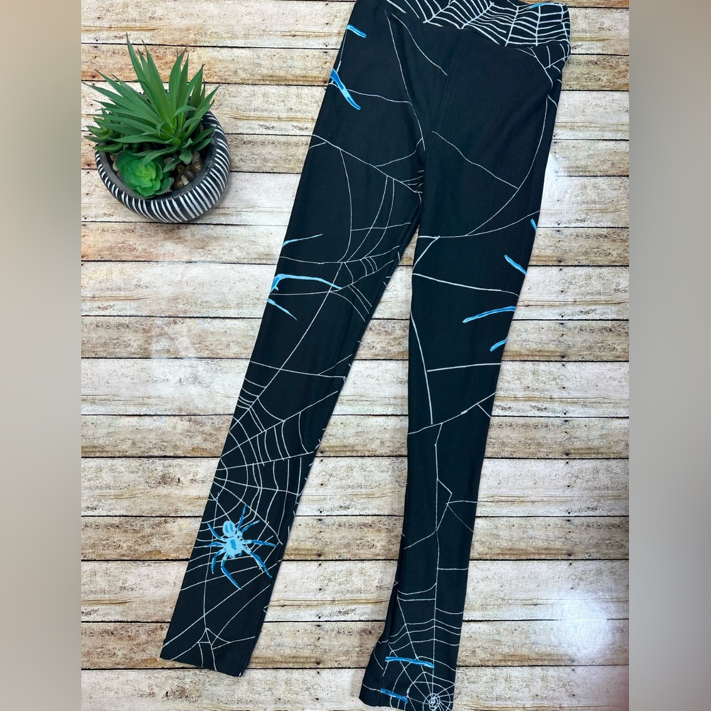 Blue Spider Web Black Kids Leggings (L/XL LuLaRoe LLR 8-14) Halloween